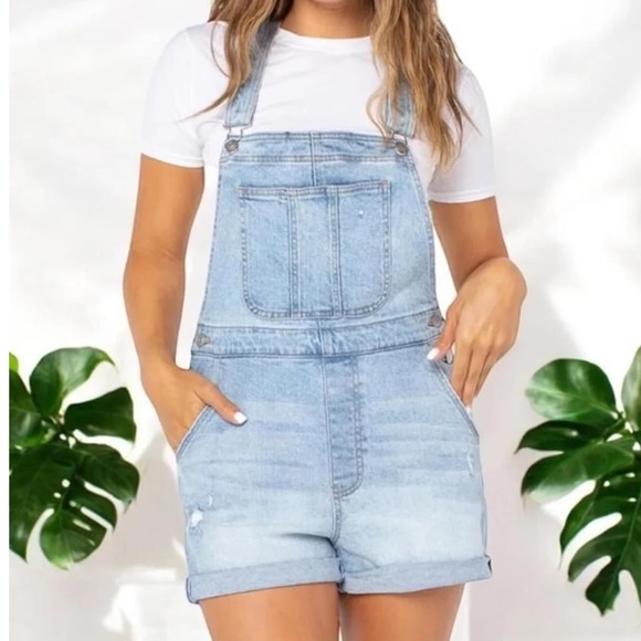 No Boundaries Denim Overalls Romper Shorts Juniors Light Wash Size Small 3-5 - Picture 1 of 11